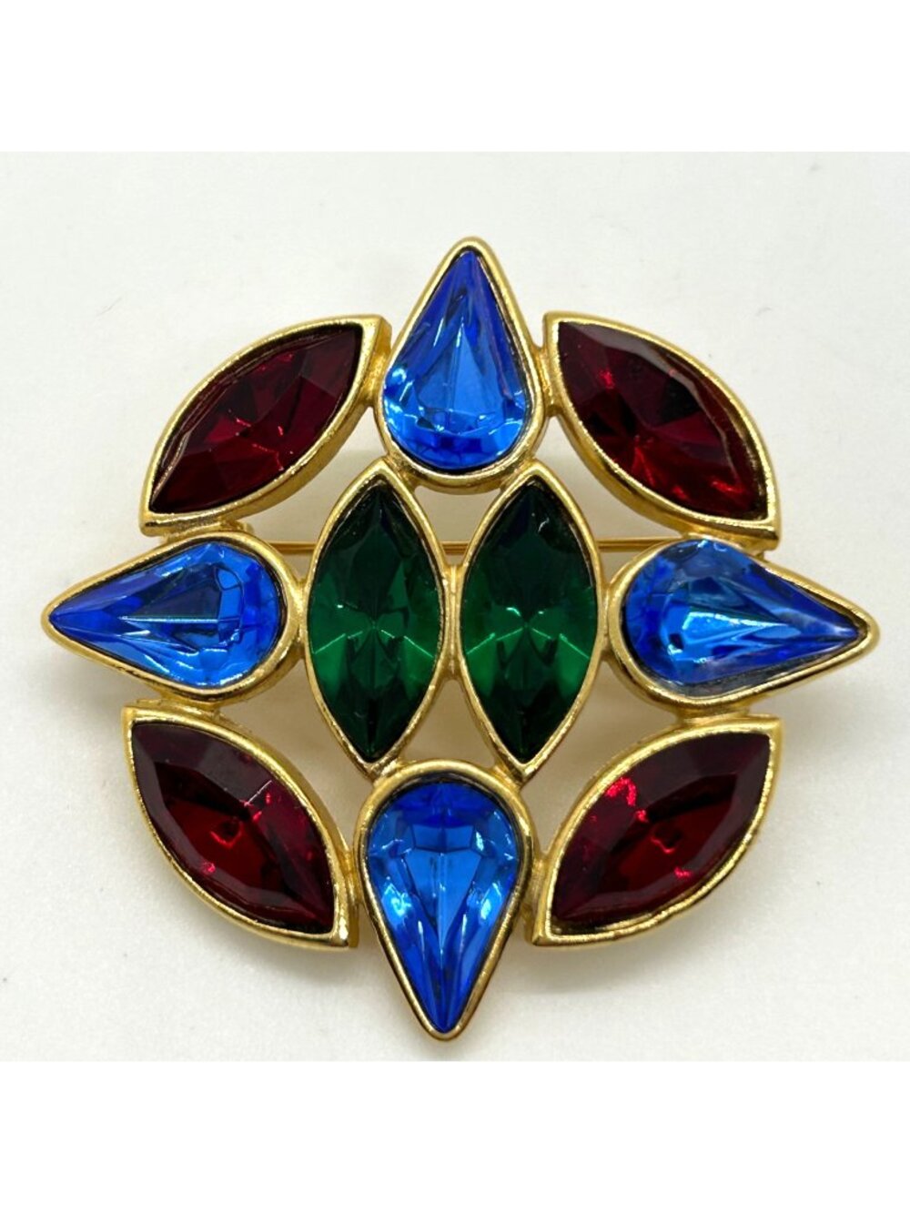 Vintage Gold Tone Multi-Color Brooch Pin Jewel Colored Rhinestone Statement 1990
